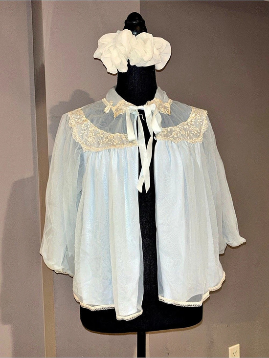 Tops - Vintage Miss Siren Blue Sheer Bed Jacket Lace Embroidered Bow Robe Coquette